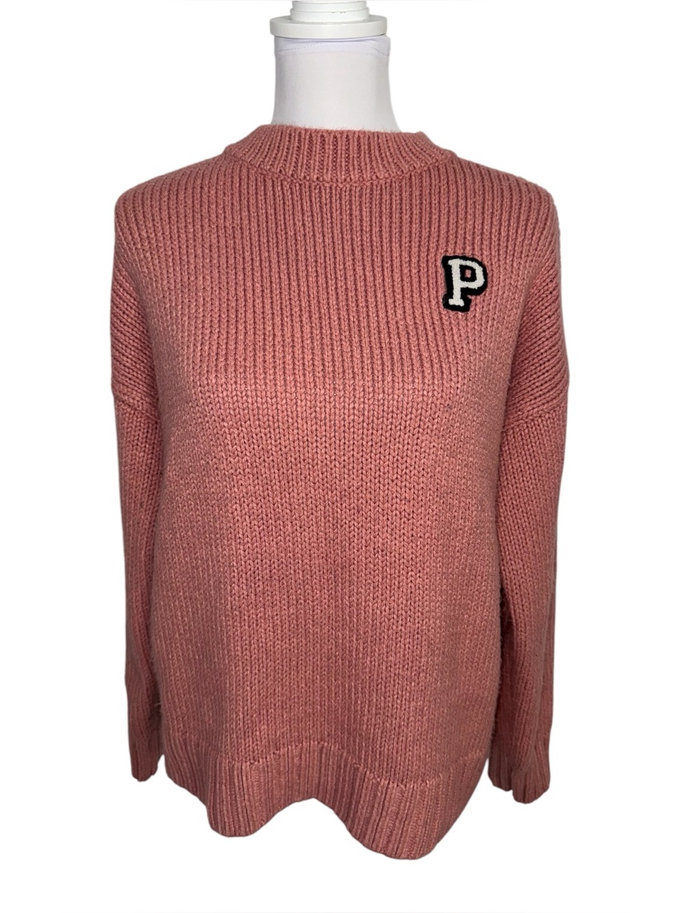 PINK Victoria Secret Chunky Knit Sweater Large Pink Varsity P Logo Crewneck‎